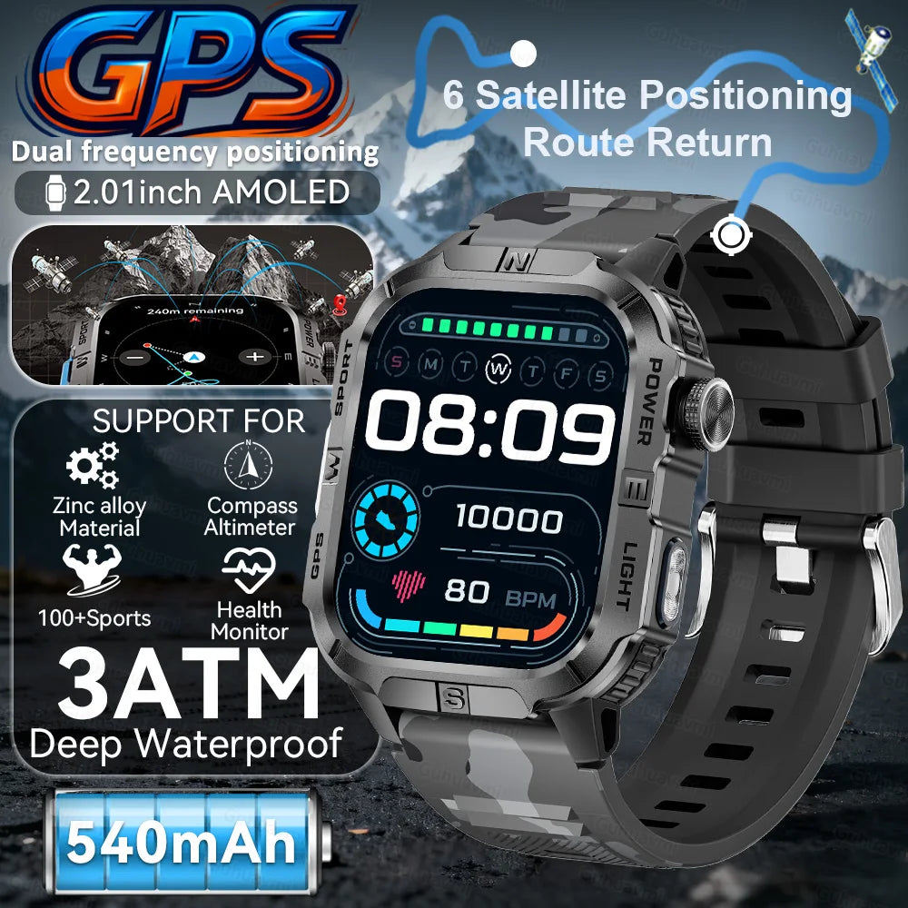 New Military Grade Smart Watch Men 2.01" AMOLED Screen Flashlight 5ATM Waterproof Swim Sports Fitness Tracker Call Smartwatches