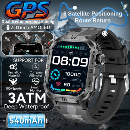 New Military Grade Smart Watch Men 2.01" AMOLED Screen Flashlight 5ATM Waterproof Swim Sports Fitness Tracker Call Smartwatches