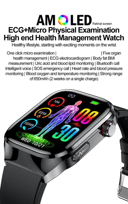2026 New Nursing Grade Uric Acid Blood Lipids Smart Watch Men ECG+PPG Blood Pressure Heart Rate Bluetooth Call Health Smartwatch