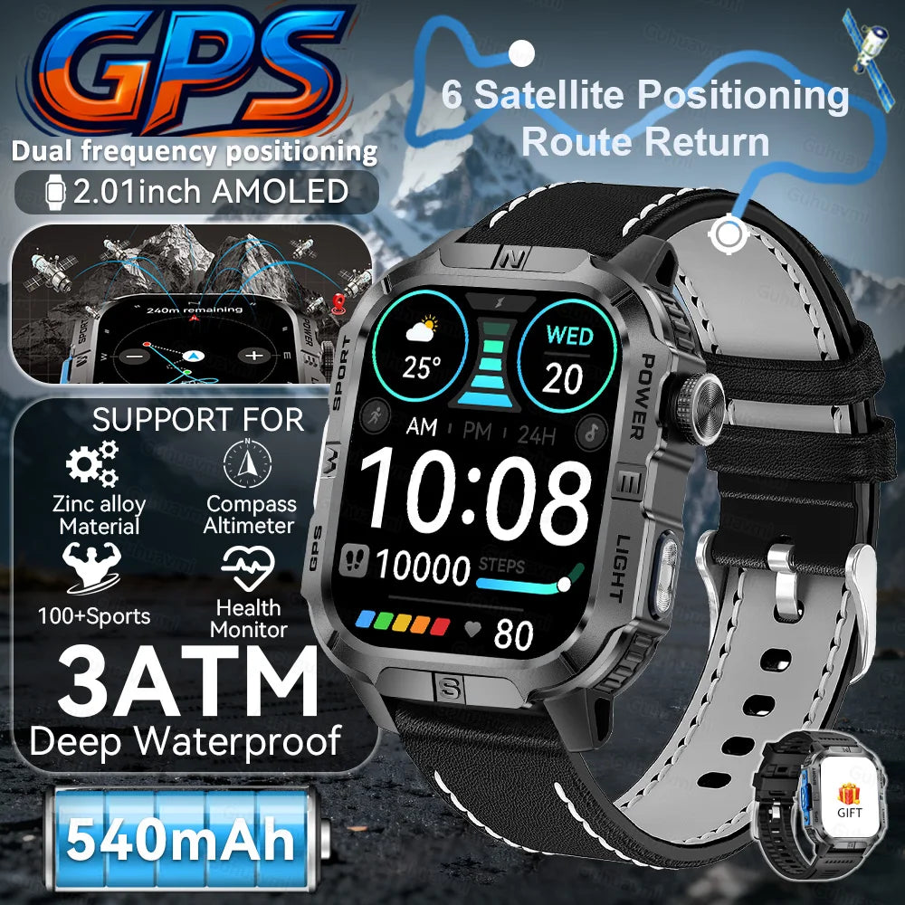 New Military Grade Smart Watch Men 2.01" AMOLED Screen Flashlight 5ATM Waterproof Swim Sports Fitness Tracker Call Smartwatches