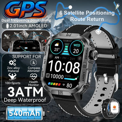 New Military Grade Smart Watch Men 2.01" AMOLED Screen Flashlight 5ATM Waterproof Swim Sports Fitness Tracker Call Smartwatches