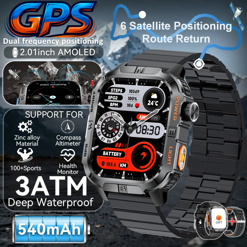 New Military Grade Smart Watch Men 2.01" AMOLED Screen Flashlight 5ATM Waterproof Swim Sports Fitness Tracker Call Smartwatches