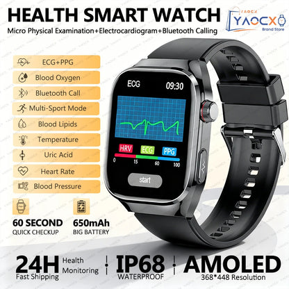 2026 New Nursing Grade Uric Acid Blood Lipids Smart Watch Men ECG+PPG Blood Pressure Heart Rate Bluetooth Call Health Smartwatch