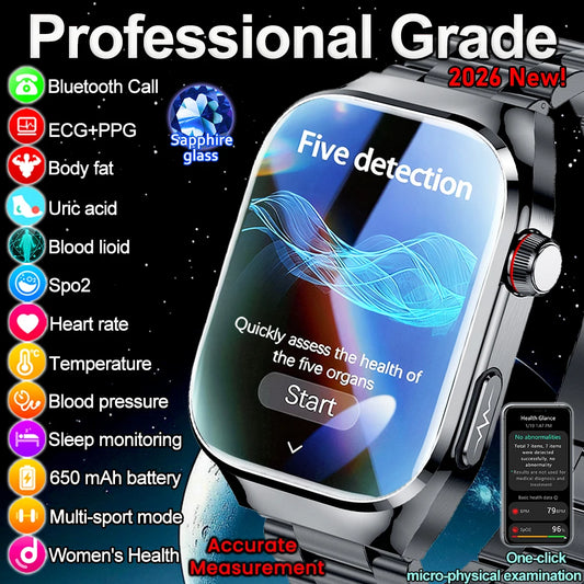 2026 New Nursing Grade Uric Acid Blood Lipids Smart Watch Men ECG+PPG Blood Pressure Heart Rate Bluetooth Call Health Smartwatch