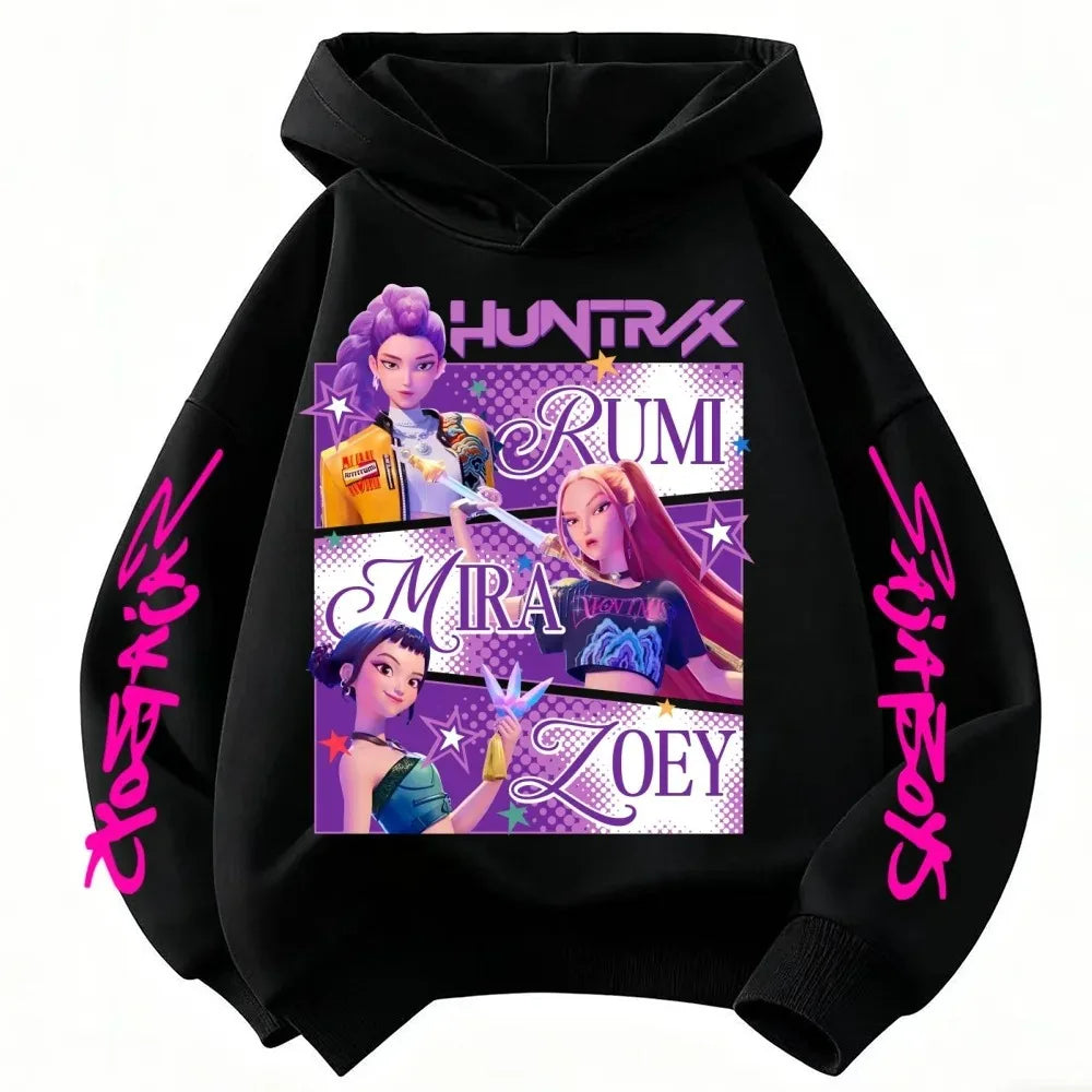 Anime Huntrx Three Girls Graphic Hoodies Kids Fashion Purple Pullover Sweatshirt For Girls