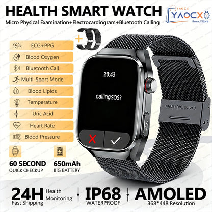2026 New Nursing Grade Uric Acid Blood Lipids Smart Watch Men ECG+PPG Blood Pressure Heart Rate Bluetooth Call Health Smartwatch