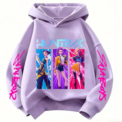 Anime Huntrx Three Girls Graphic Hoodies Kids Fashion Purple Pullover Sweatshirt For Girls