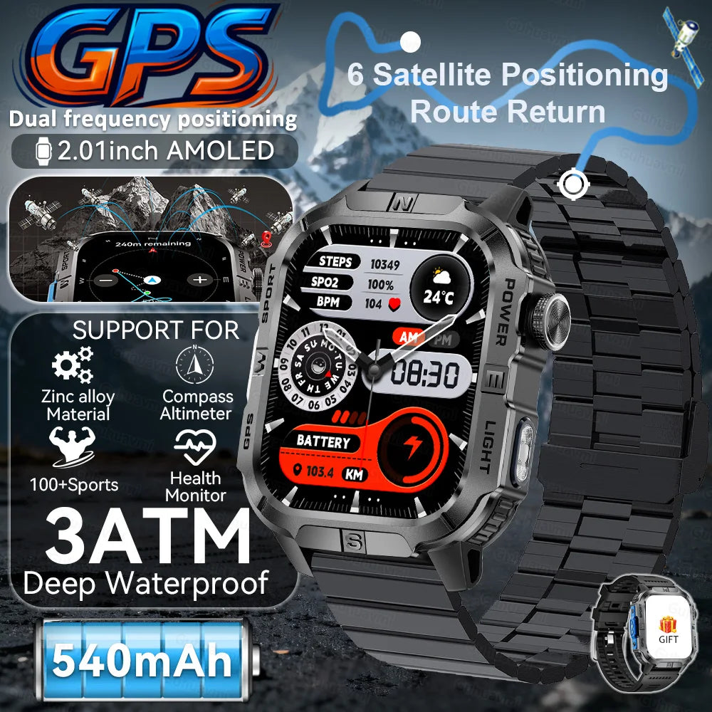 New Military Grade Smart Watch Men 2.01" AMOLED Screen Flashlight 5ATM Waterproof Swim Sports Fitness Tracker Call Smartwatches
