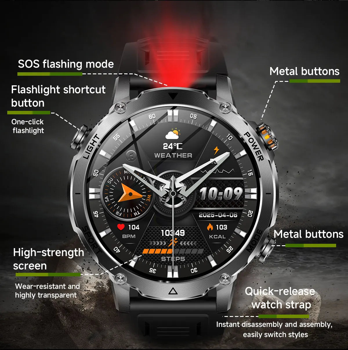 New 1400mAh Big Battery Smart Watch Men Outdoor GPS Flashlight IP68 Waterproof Bluetooth Call AMOLED Military Sports Smartwatch