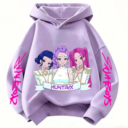 Anime Huntrx Three Girls Graphic Hoodies Kids Fashion Purple Pullover Sweatshirt For Girls