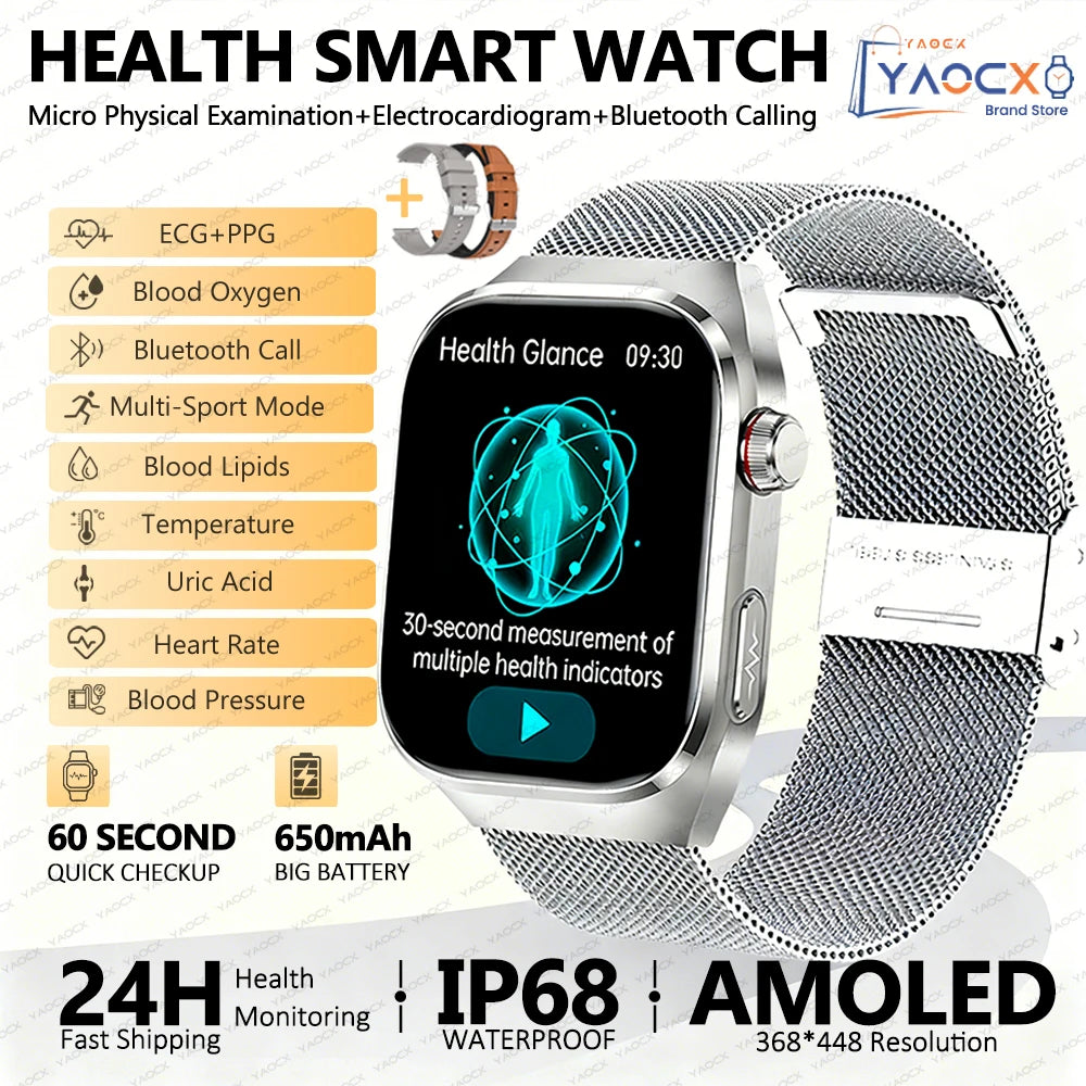2026 New Nursing Grade Uric Acid Blood Lipids Smart Watch Men ECG+PPG Blood Pressure Heart Rate Bluetooth Call Health Smartwatch
