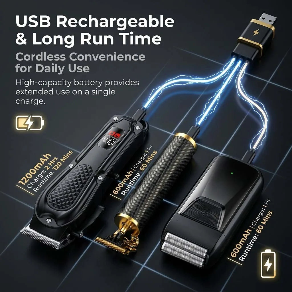 Professional 3-in-1 Electric Hair Clipper Set with LED Display.
