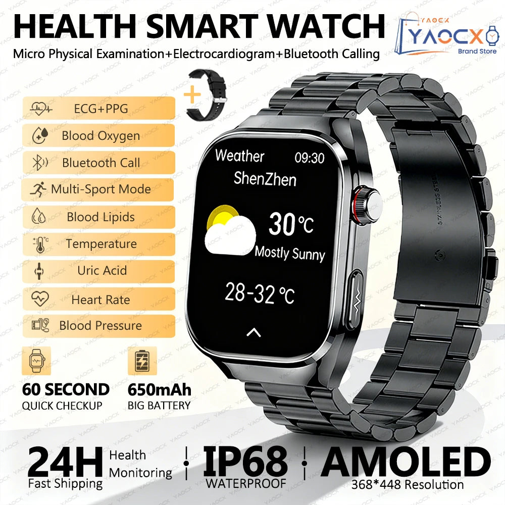 2026 New Nursing Grade Uric Acid Blood Lipids Smart Watch Men ECG+PPG Blood Pressure Heart Rate Bluetooth Call Health Smartwatch