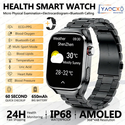 2026 New Nursing Grade Uric Acid Blood Lipids Smart Watch Men ECG+PPG Blood Pressure Heart Rate Bluetooth Call Health Smartwatch