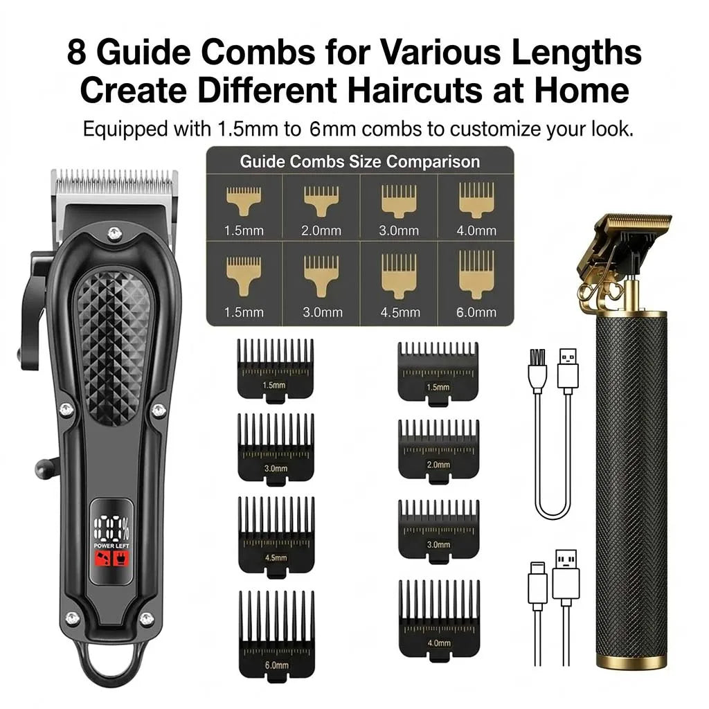 Professional 3-in-1 Electric Hair Clipper Set with LED Display.
