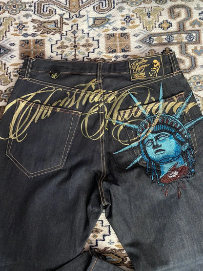 2000s Vintage Statue of liberty Diamonds Jeans Casual Denim Pants High Waist Straight Wide Leg Jeans Harajuku Y2k Women Clothing