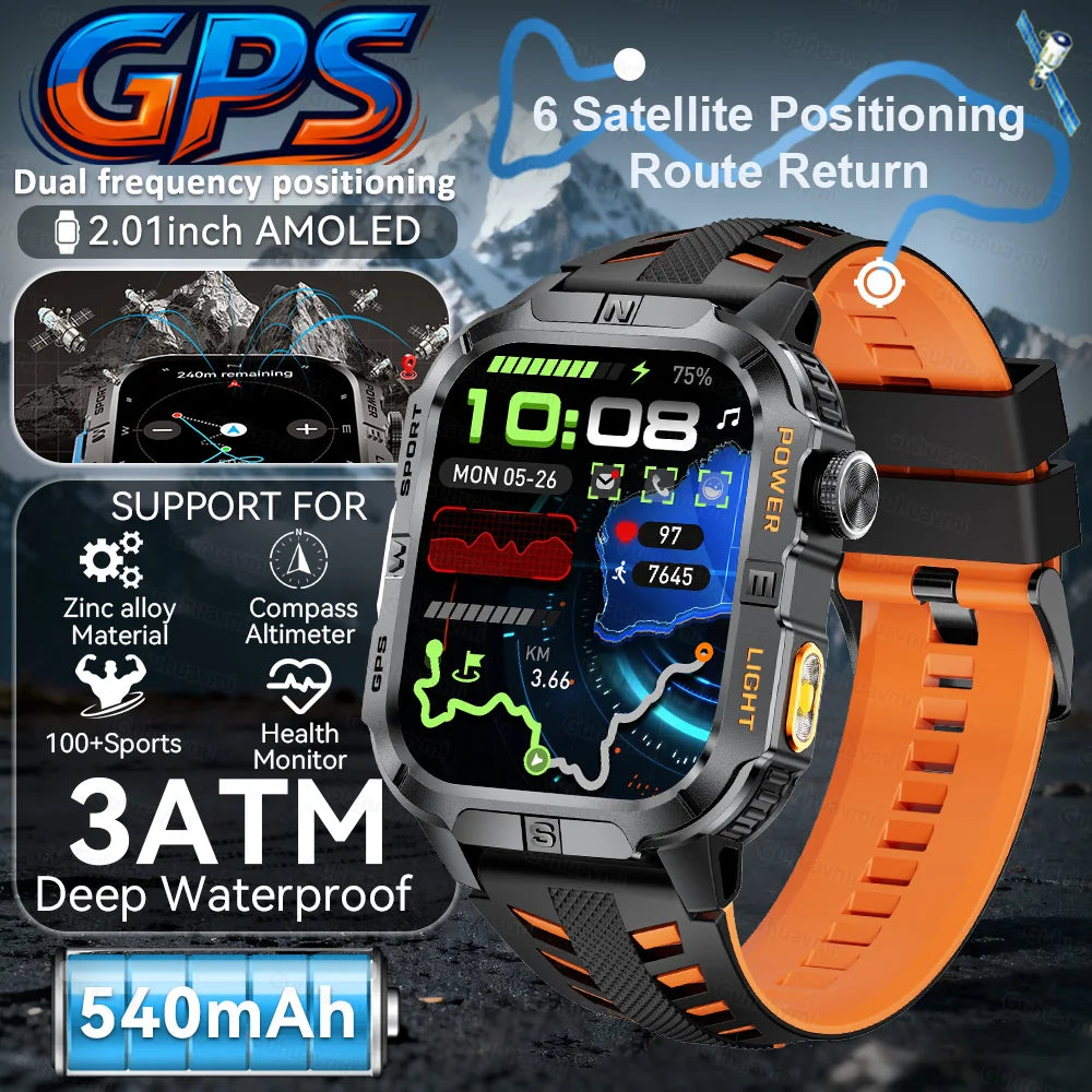 New Military Grade Smart Watch Men 2.01" AMOLED Screen Flashlight 5ATM Waterproof Swim Sports Fitness Tracker Call Smartwatches