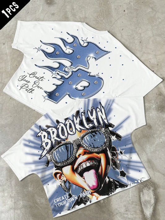 2026 Summer Men's T-shirt with Letter Print Breathable Lightweight Casual Roller Skating Hip-Hop Style Male T-shirt
