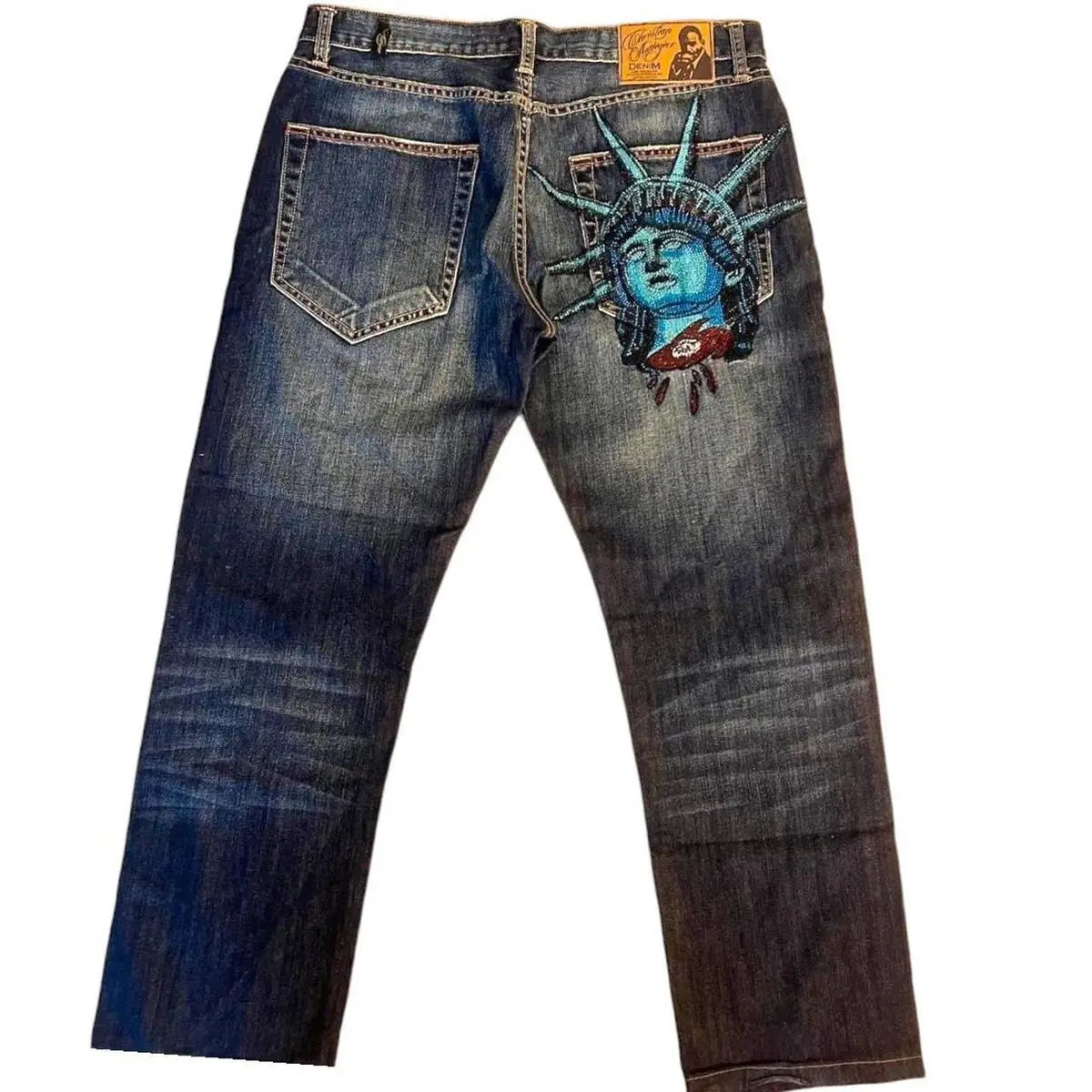 2000s Vintage Statue of liberty Diamonds Jeans Casual Denim Pants High Waist Straight Wide Leg Jeans Harajuku Y2k Women Clothing