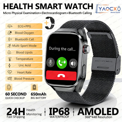 2026 New Nursing Grade Uric Acid Blood Lipids Smart Watch Men ECG+PPG Blood Pressure Heart Rate Bluetooth Call Health Smartwatch