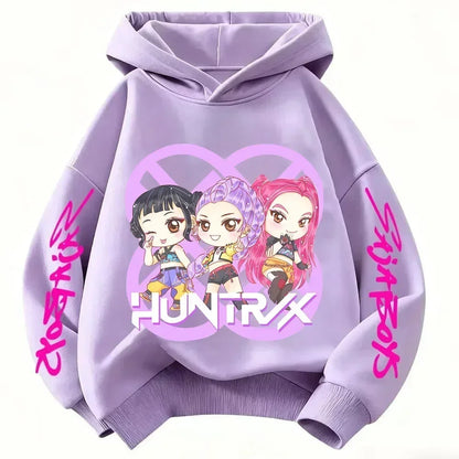 Anime Huntrx Three Girls Graphic Hoodies Kids Fashion Purple Pullover Sweatshirt For Girls