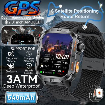 New Military Grade Smart Watch Men 2.01" AMOLED Screen Flashlight 5ATM Waterproof Swim Sports Fitness Tracker Call Smartwatches