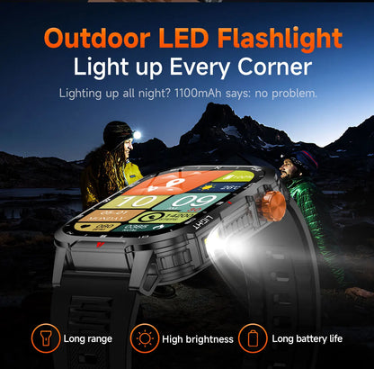 2025 Global Hiking Smartwatch 2.01''Screen 1100mAh Battery LED Light Compass IP68 Voice Assistant Outdoor Sport  Fitness Watch