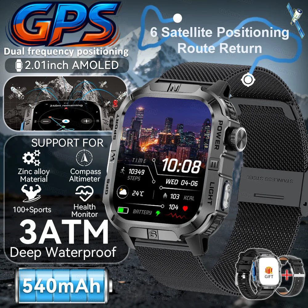 New Military Grade Smart Watch Men 2.01" AMOLED Screen Flashlight 5ATM Waterproof Swim Sports Fitness Tracker Call Smartwatches