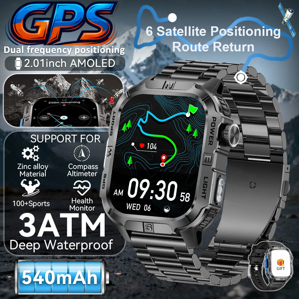 New Military Grade Smart Watch Men 2.01" AMOLED Screen Flashlight 5ATM Waterproof Swim Sports Fitness Tracker Call Smartwatches