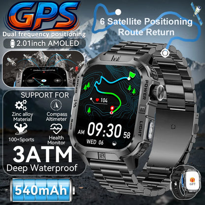 New Military Grade Smart Watch Men 2.01" AMOLED Screen Flashlight 5ATM Waterproof Swim Sports Fitness Tracker Call Smartwatches