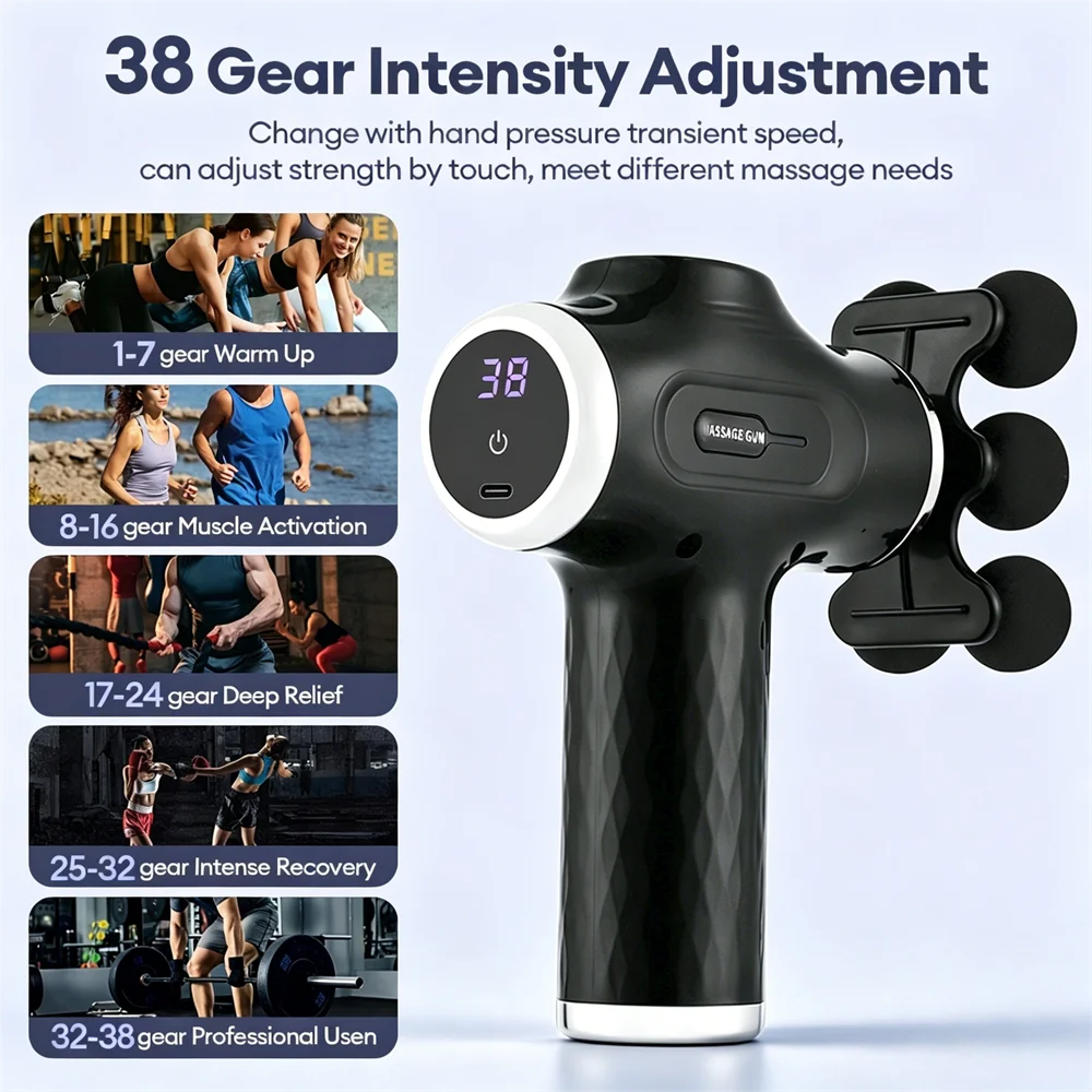 Mini Fascia Gun 38 Level High Frequency Vibration 6-Heads Body Massage Gun Muscle Relaxation Shoulde Waist Back Leg Arm Massager