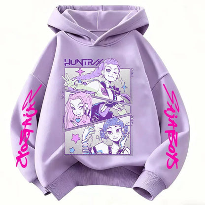 Anime Huntrx Three Girls Graphic Hoodies Kids Fashion Purple Pullover Sweatshirt For Girls