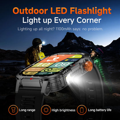 2025 Global Hiking Smartwatch 2.01''Screen 1100mAh Battery LED Light Compass IP68 Voice Assistant Outdoor Sport  Fitness Watch