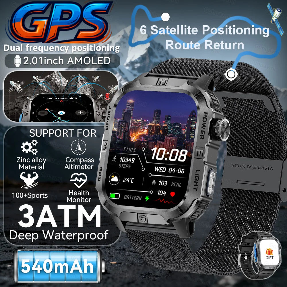 New Military Grade Smart Watch Men 2.01" AMOLED Screen Flashlight 5ATM Waterproof Swim Sports Fitness Tracker Call Smartwatches