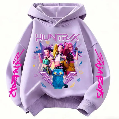 Anime Huntrx Three Girls Graphic Hoodies Kids Fashion Purple Pullover Sweatshirt For Girls