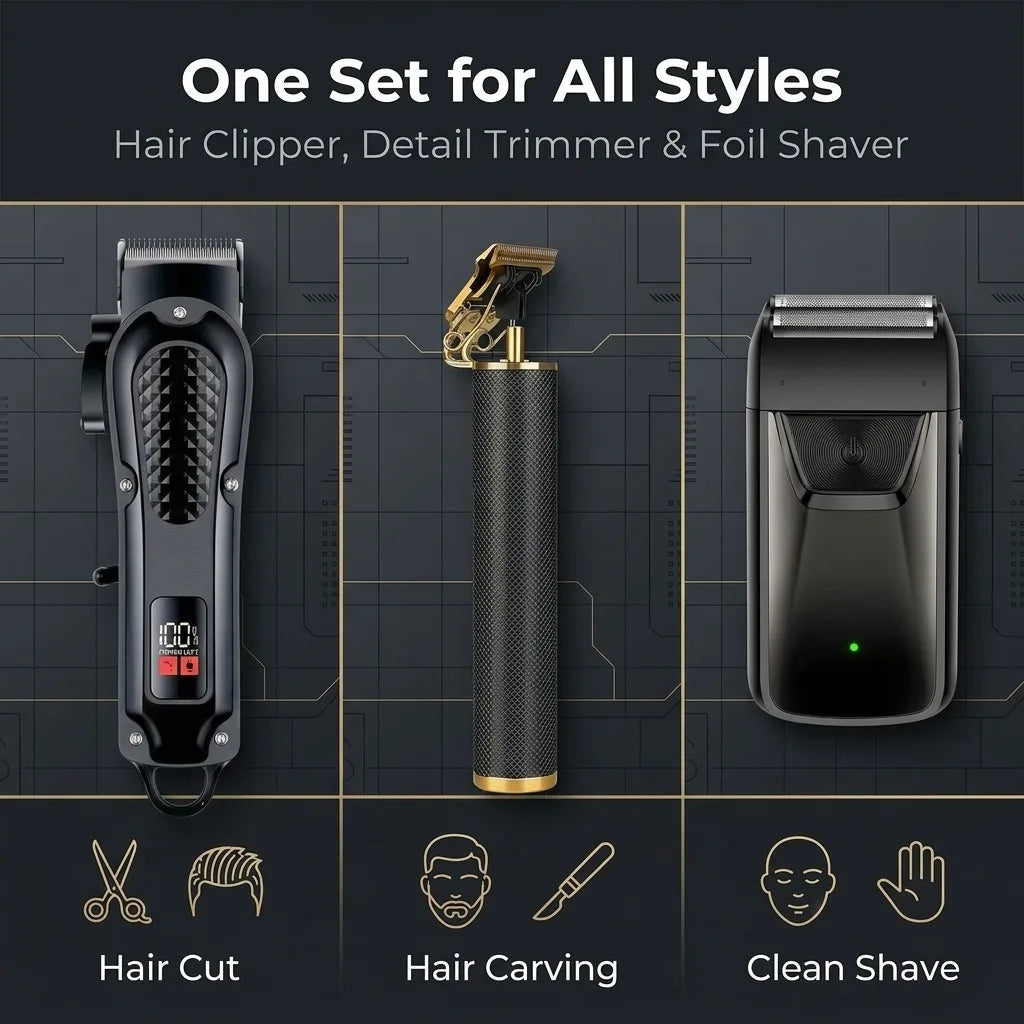 Professional 3-in-1 Electric Hair Clipper Set with LED Display.