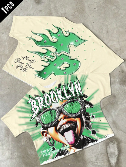 2026 Summer Men's T-shirt with Letter Print Breathable Lightweight Casual Roller Skating Hip-Hop Style Male T-shirt