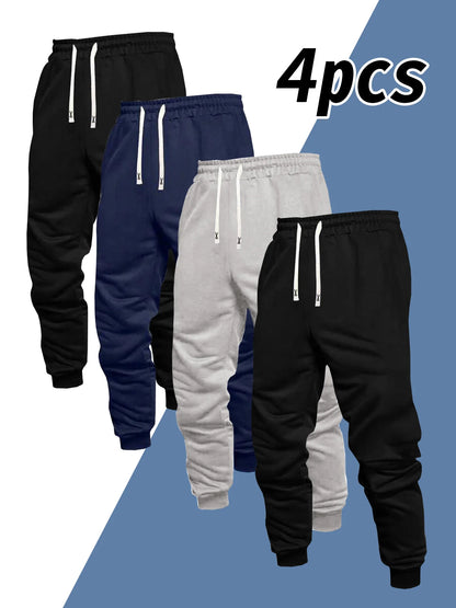 Men's 4-Piece Casual Pants, Solid Color Sports Pants, and Ankle Tied Outdoor Jogging Pants