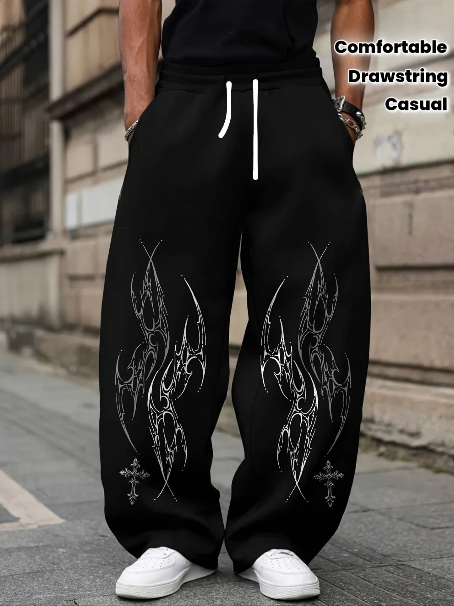 Men Gothic Vertical Graphic Wide Leg Sweatpants Drawstring Loose Straight Baggy Y2K Dark Punk Streetwear Pants.