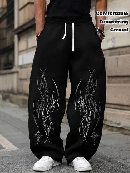 Men Gothic Vertical Graphic Wide Leg Sweatpants Drawstring Loose Straight Baggy Y2K Dark Punk Streetwear Pants.
