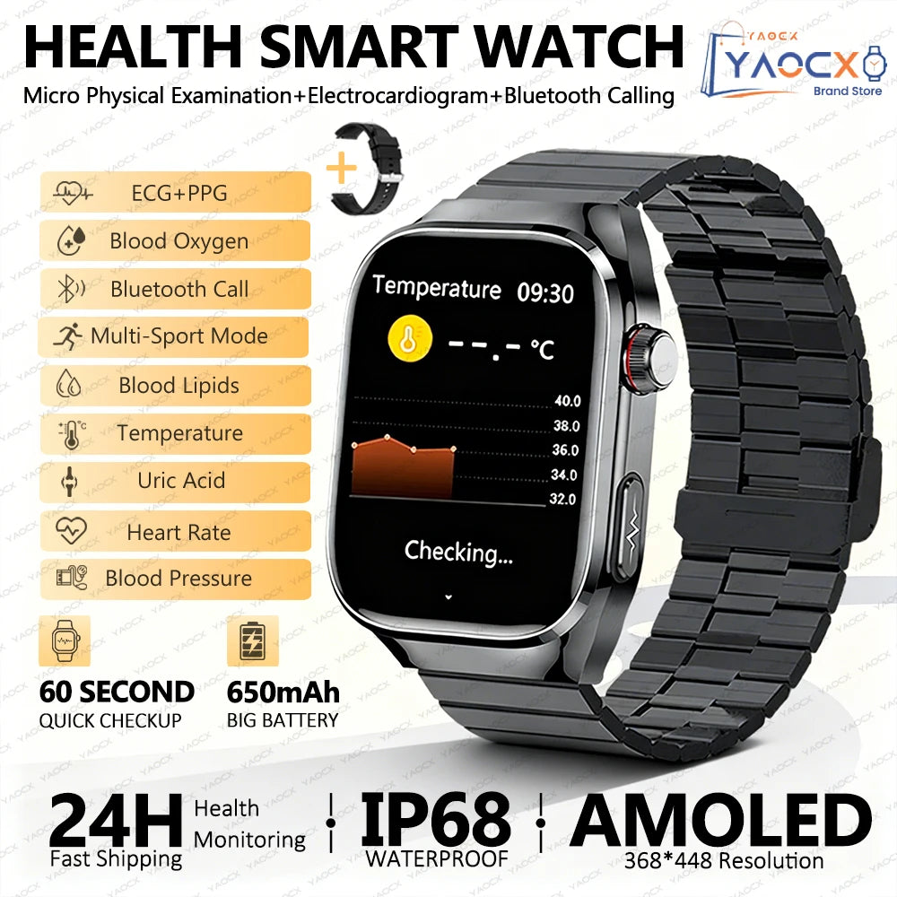 2026 New Nursing Grade Uric Acid Blood Lipids Smart Watch Men ECG+PPG Blood Pressure Heart Rate Bluetooth Call Health Smartwatch