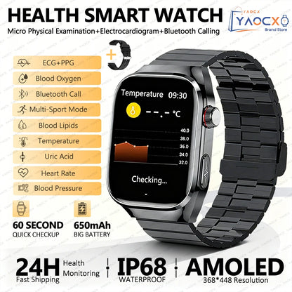 2026 New Nursing Grade Uric Acid Blood Lipids Smart Watch Men ECG+PPG Blood Pressure Heart Rate Bluetooth Call Health Smartwatch