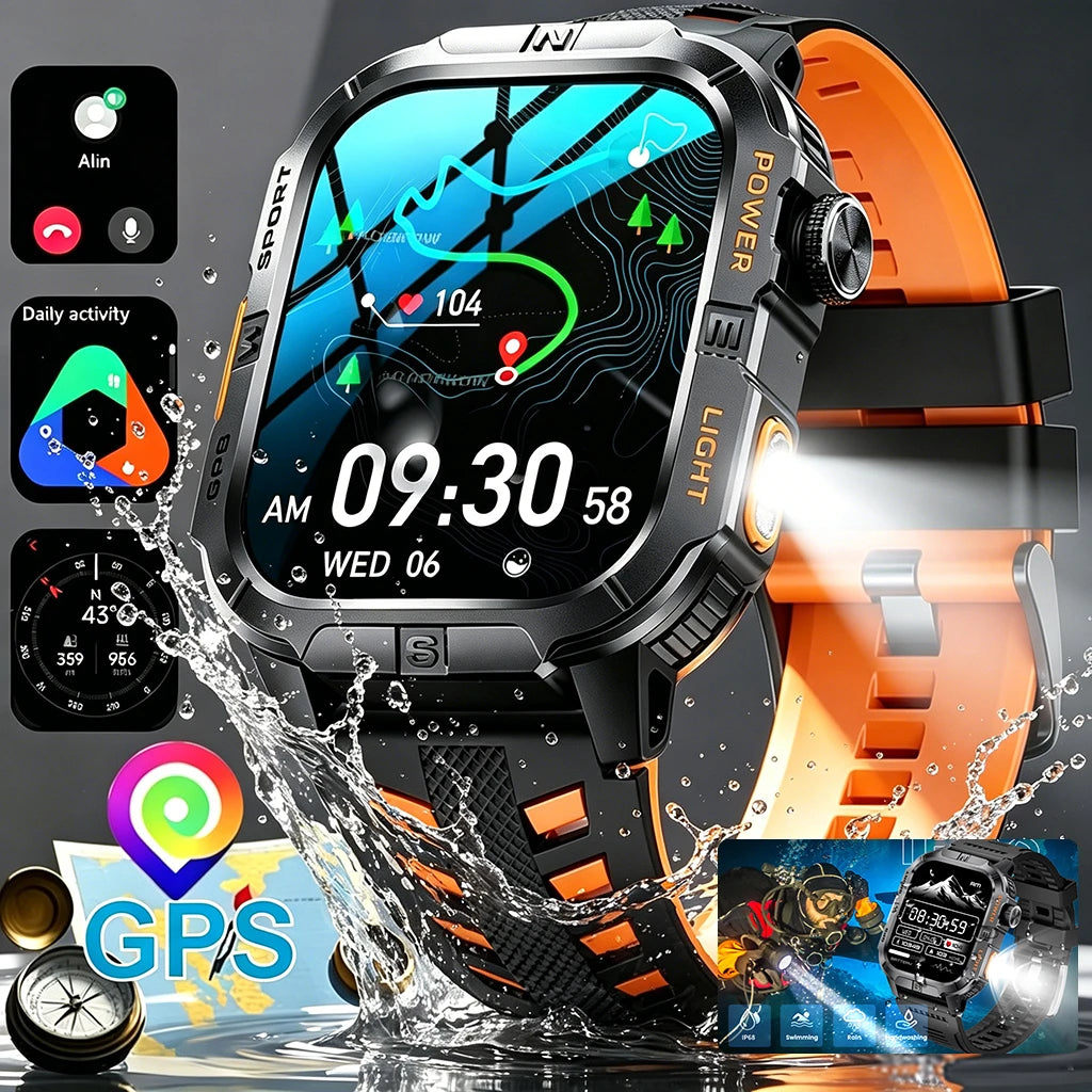 New Military Grade Smart Watch Men 2.01" AMOLED Screen Flashlight 5ATM Waterproof Swim Sports Fitness Tracker Call Smartwatches