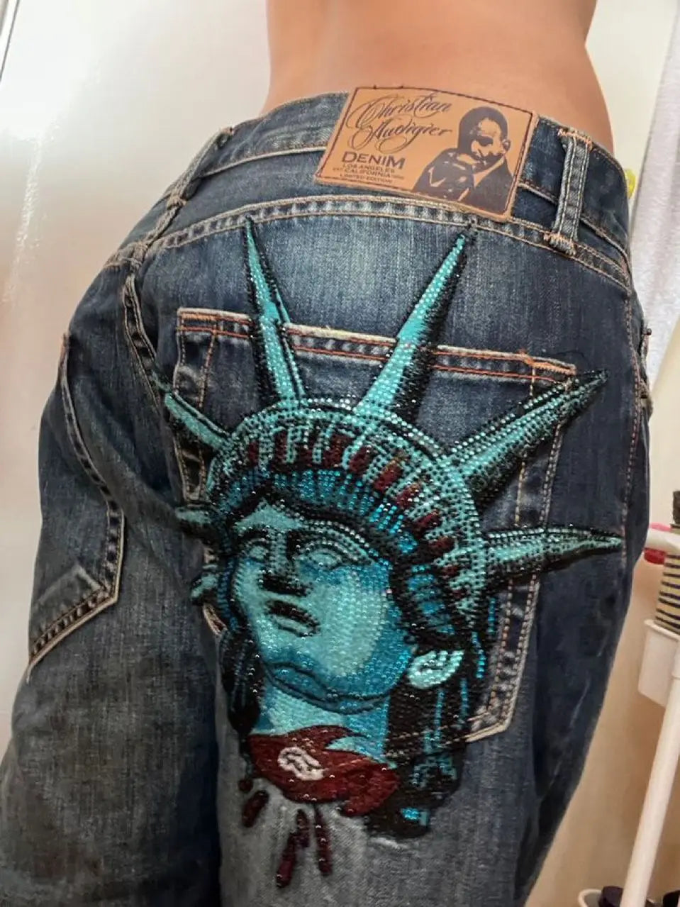 2000s Vintage Statue of liberty Diamonds Jeans Casual Denim Pants High Waist Straight Wide Leg Jeans Harajuku Y2k Women Clothing