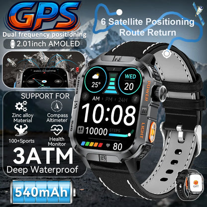 New Military Grade Smart Watch Men 2.01" AMOLED Screen Flashlight 5ATM Waterproof Swim Sports Fitness Tracker Call Smartwatches