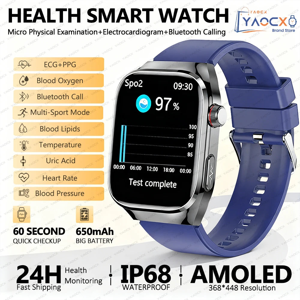 2026 New Nursing Grade Uric Acid Blood Lipids Smart Watch Men ECG+PPG Blood Pressure Heart Rate Bluetooth Call Health Smartwatch