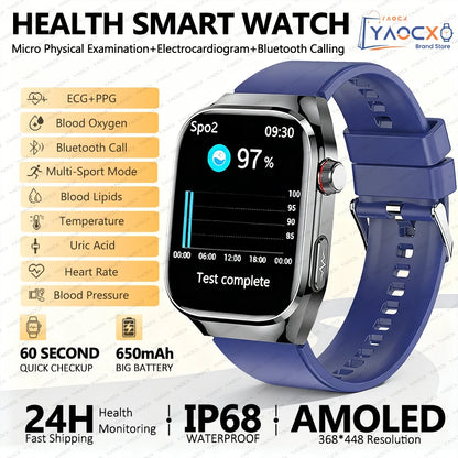 2026 New Nursing Grade Uric Acid Blood Lipids Smart Watch Men ECG+PPG Blood Pressure Heart Rate Bluetooth Call Health Smartwatch