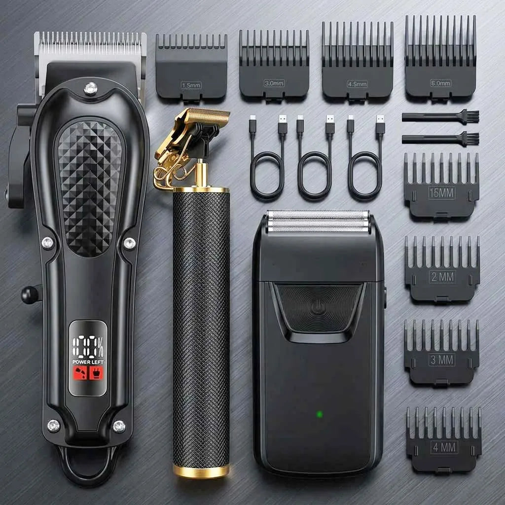 Professional 3-in-1 Electric Hair Clipper Set with LED Display.