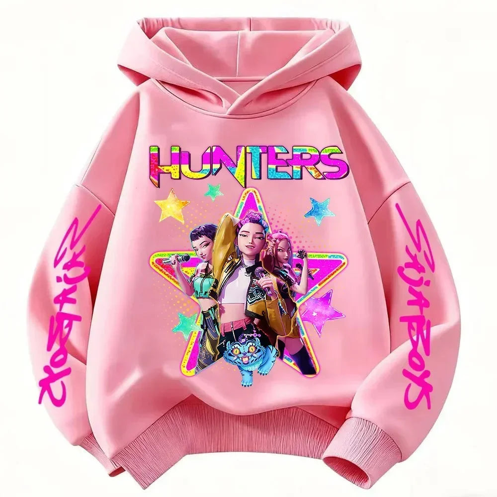 Anime Huntrx Three Girls Graphic Hoodies Kids Fashion Purple Pullover Sweatshirt For Girls