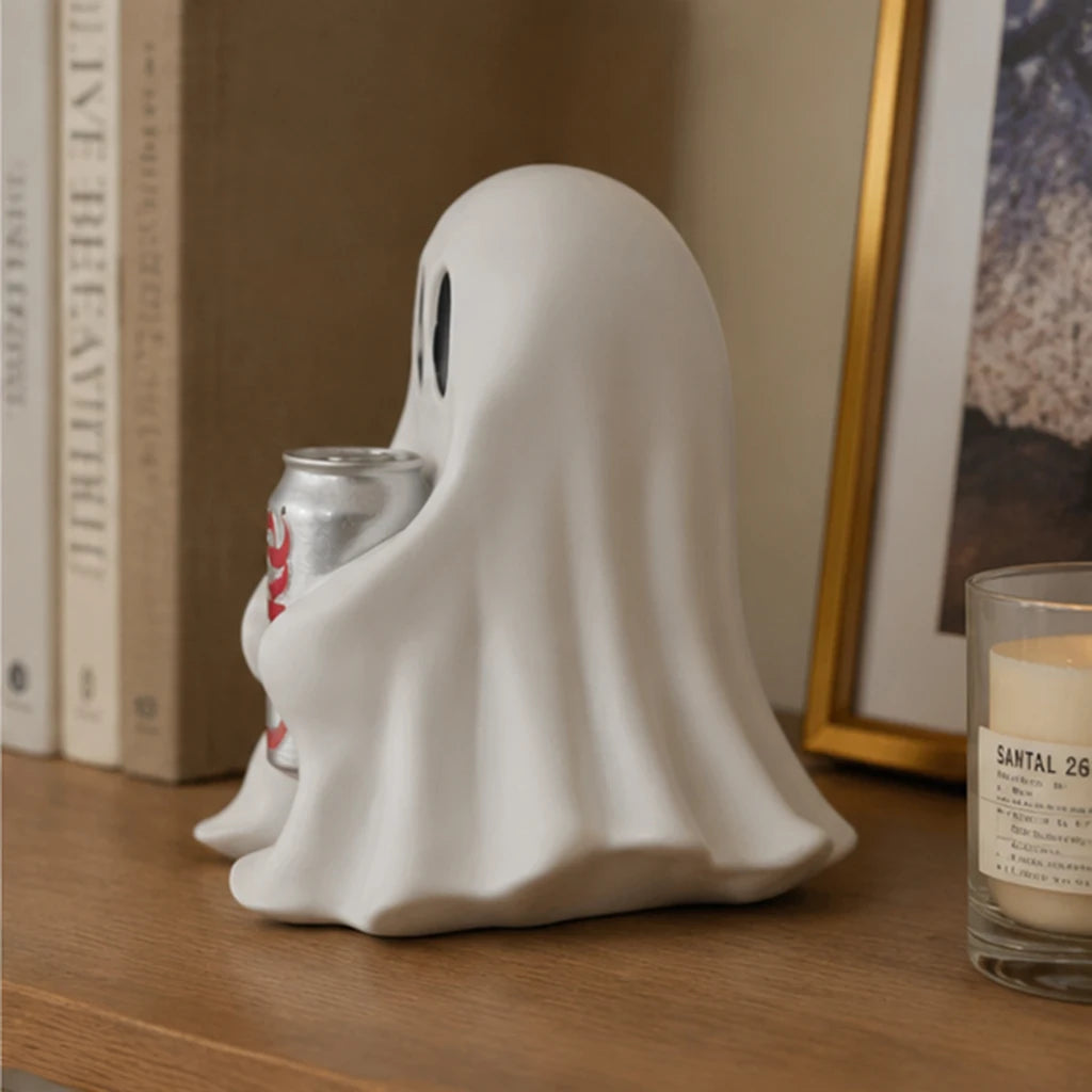 Funny Ghost Holding Soda Can Resin Statue Halloween Desk Decor